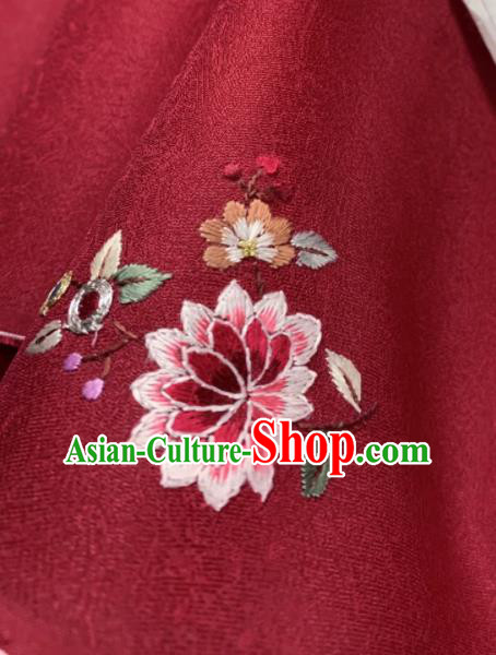 Chinese Traditional Classical Embroidered Butterfly Pattern Design Red Silk Fabric Asian Hanfu Material