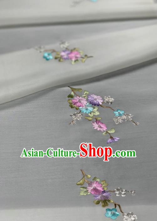Asian Chinese Traditional Embroidered Chrysanthemum Pattern Design White Silk Fabric Hanfu Material