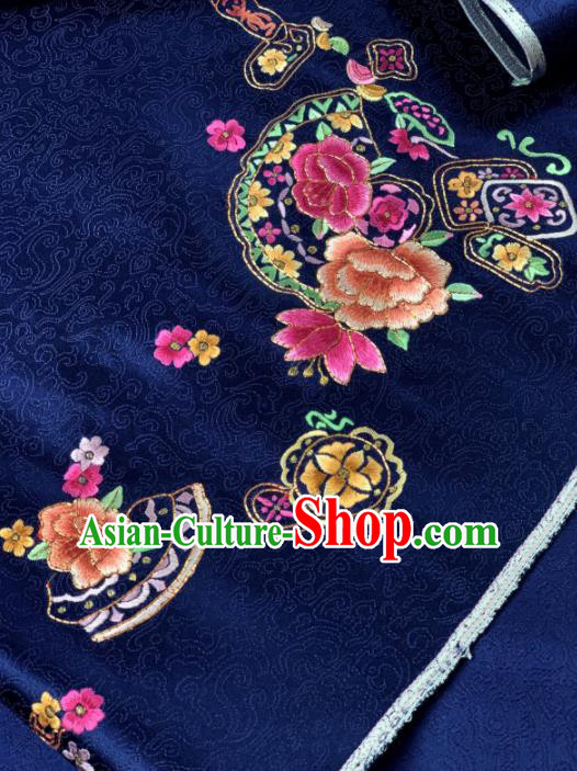 Chinese Traditional Classical Embroidered Peony Pattern Design Deep Blue Silk Fabric Asian Hanfu Material