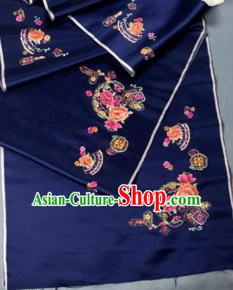 Chinese Traditional Classical Embroidered Peony Pattern Design Deep Blue Silk Fabric Asian Hanfu Material