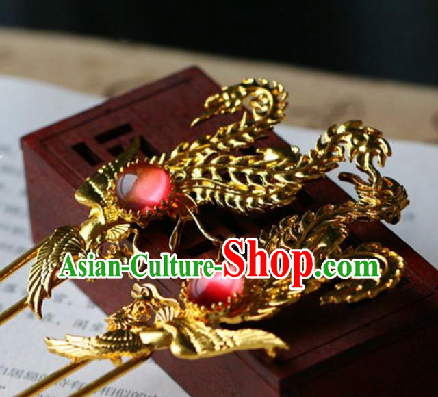Traditional Chinese Tang Dynasty Golden Phoenix Hairpins Headdress Ancient Court Hair Accessories for Women