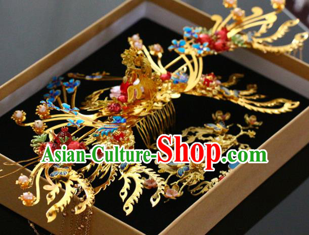 Traditional Chinese Ming Dynasty Golden Hair Comb and Hairpins Headdress Ancient Court Hair Accessories for Women