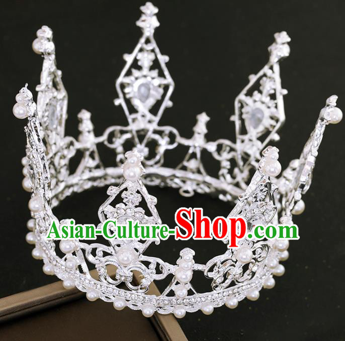 Top Grade Princess Crystal Round Royal Crown Handmade Baroque Bride Hair Accessories for Women