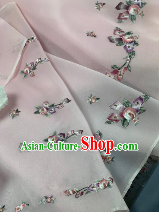 Chinese Traditional Embroidered Flowers Pattern Design Pink Silk Fabric Asian Hanfu Material