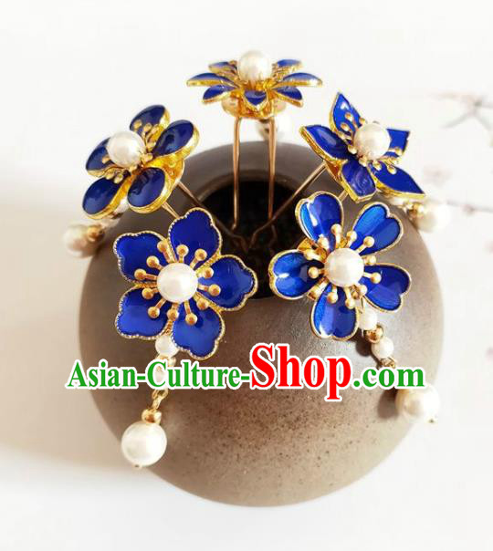 Traditional Chinese Little Royalblue Plum Blossom Hairpins Headdress Ancient Court Hair Accessories for Women