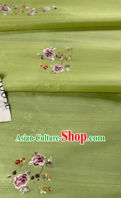 Chinese Traditional Embroidered Peony Pattern Design Green Silk Fabric Asian Hanfu Material