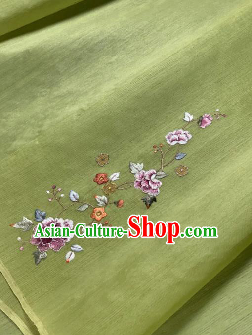Chinese Traditional Embroidered Peony Pattern Design Green Silk Fabric Asian Hanfu Material