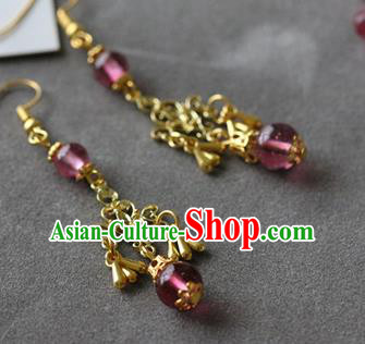 Traditional Chinese Handmade Purple Beads Earrings Ancient Hanfu Ear Accessories for Women