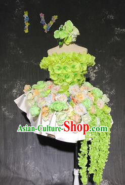 Top Grade Modern Dance Fairy Green Flowers Short Dress Catwalks Compere Costume for Women
