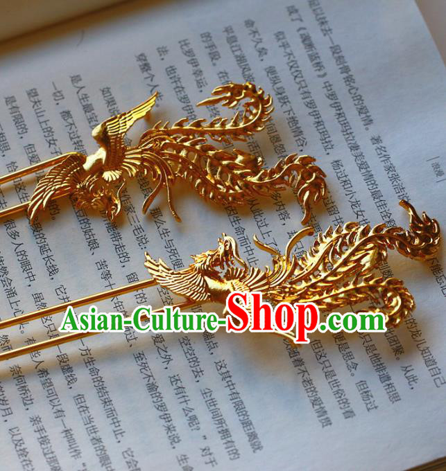 Traditional Chinese Bride Golden Phoenix Hair Clip Hairpin Headdress Ancient Court Hair Accessories for Women