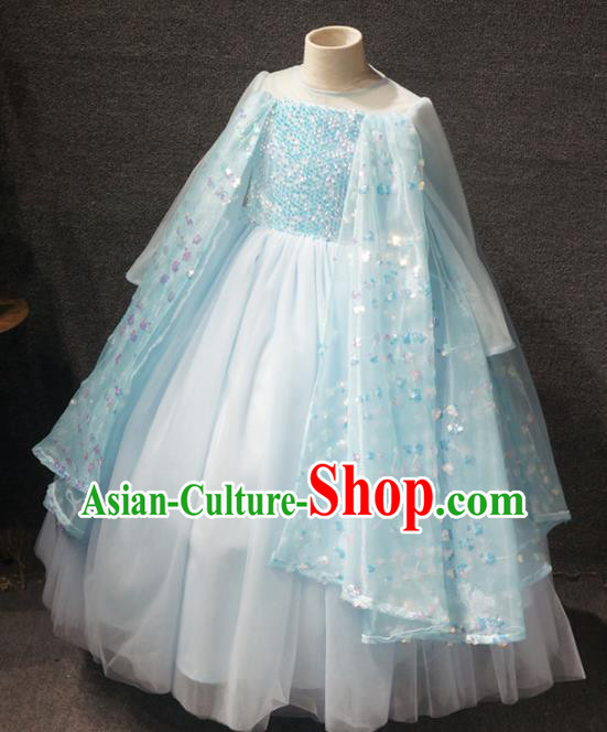 Top Grade Children Birthday Blue Full Dress Catwalks Stage Show Princess Costume for Kids