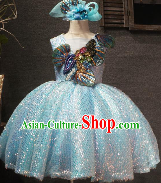Top Grade Children Princess Light Blue Sequins Dress Catwalks Stage Show Birthday Costume for Kids