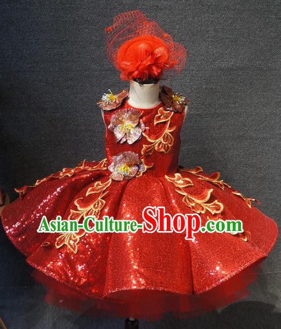 Top Grade Children Day Dance Performance Red Short Dress Catwalks Stage Show Birthday Costume for Kids