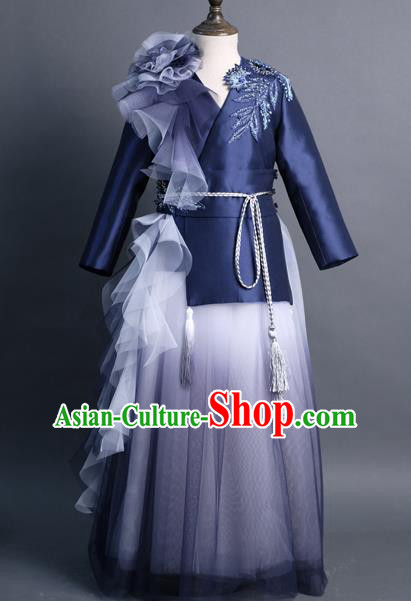 Traditional Chinese Girl Classical Dance Navy Veil Dress Compere Stage Performance Costume for Kids