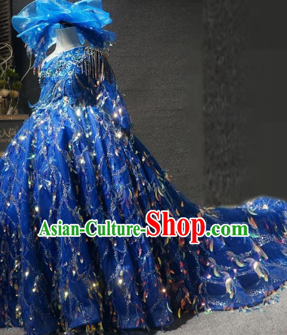 Top Children Piano Recital Blue Trailing Full Dress Catwalks Princess Stage Show Birthday Costume for Kids