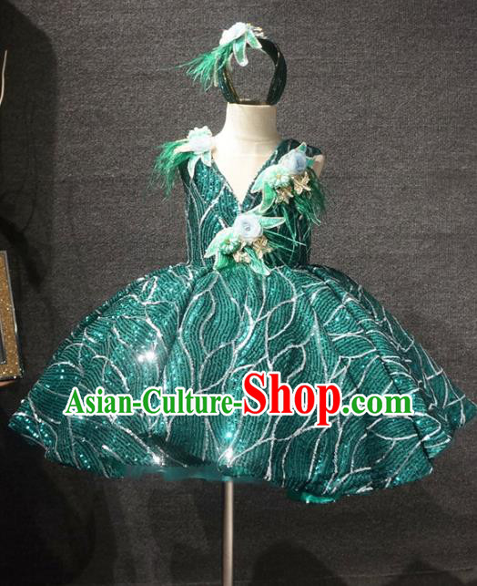 Top Children Dance Green Paillette Short Dress Catwalks Princess Stage Show Birthday Costume for Kids
