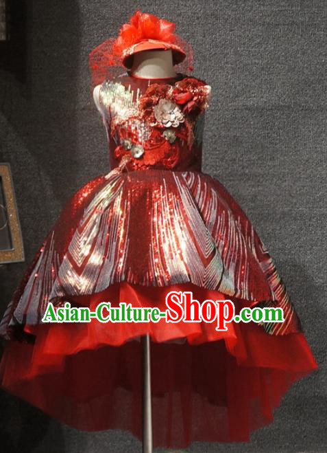 Top Children Dance Red Paillette Dress Catwalks Princess Stage Show Birthday Costume for Kids