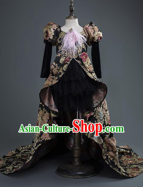 Top Children Cosplay Queen Black Embroidered Full Dress Compere Catwalks Stage Show Dance Costume for Kids