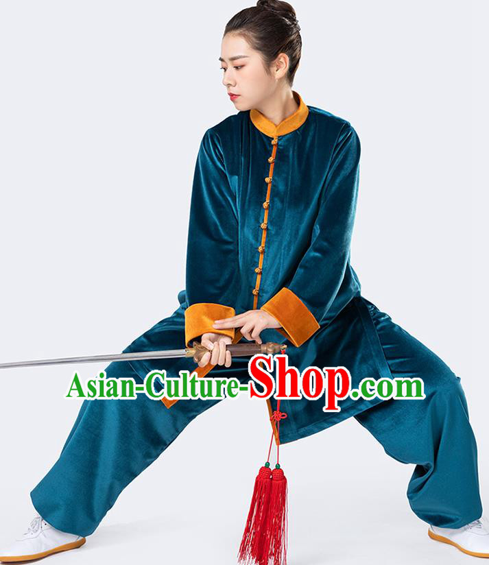 Traditional Chinese Tai Chi Peacock Blue Velvet Outfits Martial Arts Stage Performance Costumes for Women
