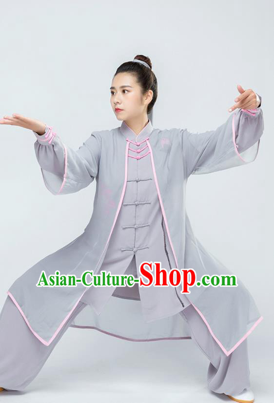 Traditional Chinese Tai Chi Competition Hand Painting Lotus Grey Outfits Martial Arts Stage Performance Costumes for Women