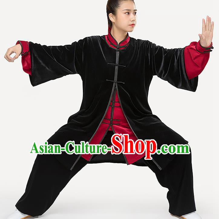 Traditional Chinese Tai Chi Competition Black Pleuche Outfits Martial Arts Stage Performance Costumes for Women