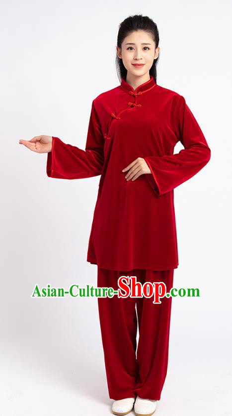 Top Tai Chi Kung Fu Competition Red Pleuche Outfits Chinese Traditional Martial Arts Costumes for Women
