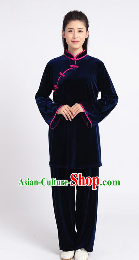 Top Tai Chi Kung Fu Competition Navy Pleuche Outfits Chinese Traditional Martial Arts Costumes for Women