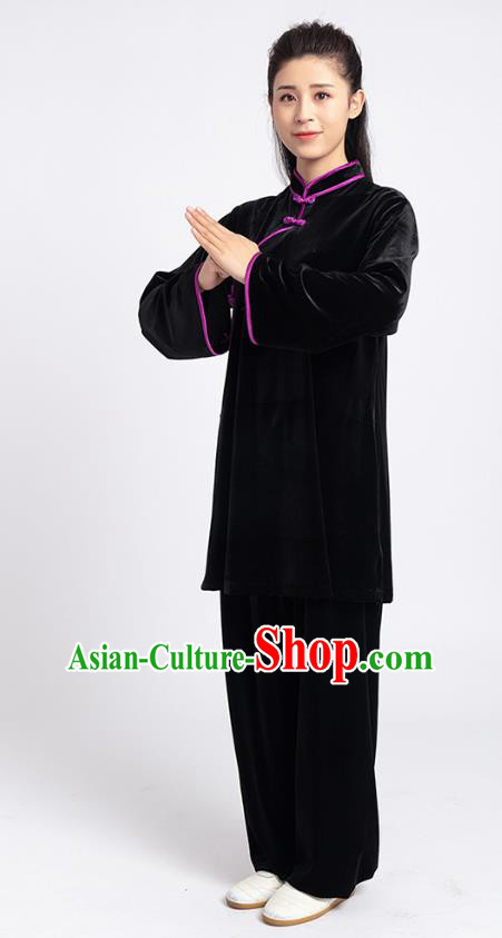 Top Tai Chi Kung Fu Competition Black Pleuche Outfits Chinese Traditional Martial Arts Costumes for Women