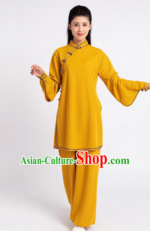 Top Chinese Tai Chi Kung Fu Yellow Outfits Traditional Martial Arts Competition Costumes for Women