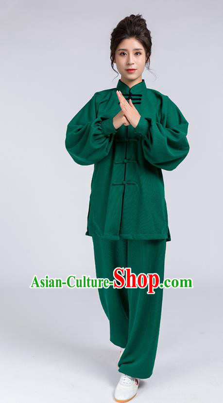 Top Chinese Tai Chi Chuan Training Green Outfits Traditional Kung Fu Martial Arts Competition Costumes for Women