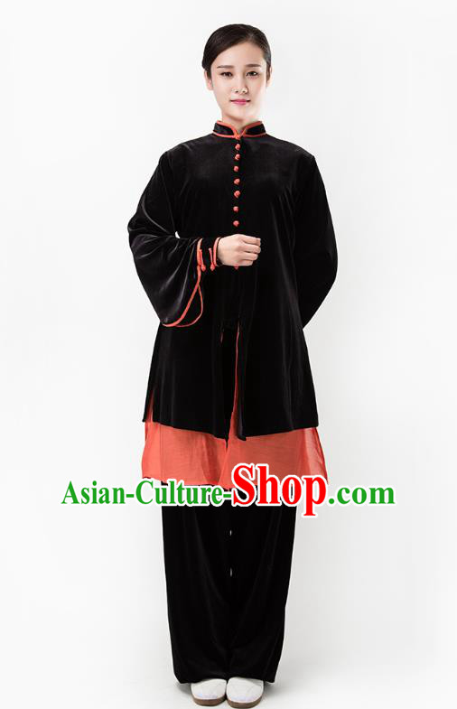 Top Chinese Martial Arts Black Pleuche Outfits Traditional Tai Chi Kung Fu Training Costumes for Women