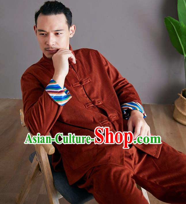 Chinese Martial Arts Rust Red Corduroy Outfits Traditional Tai Chi Kung Fu Training Costumes for Men