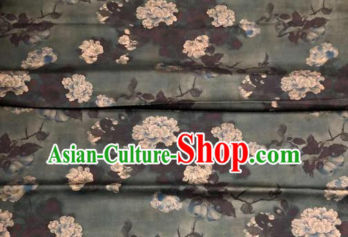 Chinese Traditional Peony Design Pattern Atrovirens Silk Fabric Cheongsam Gambiered Guangdong Gauze Drapery