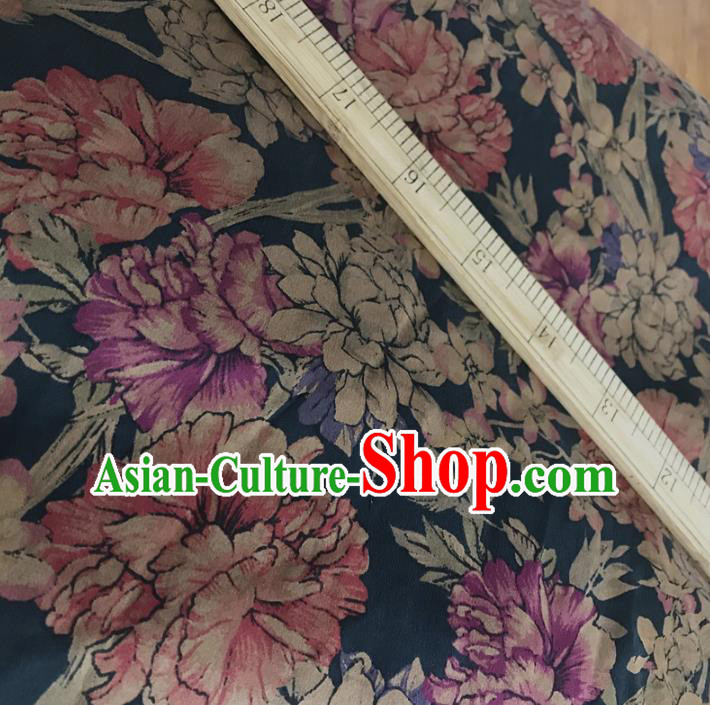 Chinese Traditional Flowers Design Pattern Navy Silk Fabric Cheongsam Mulberry Silk Drapery