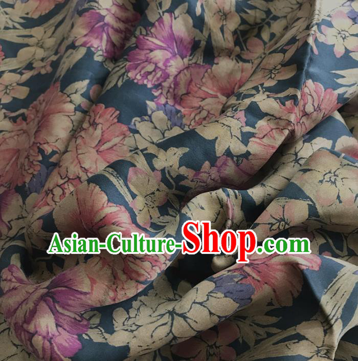 Chinese Traditional Flowers Design Pattern Navy Silk Fabric Cheongsam Mulberry Silk Drapery