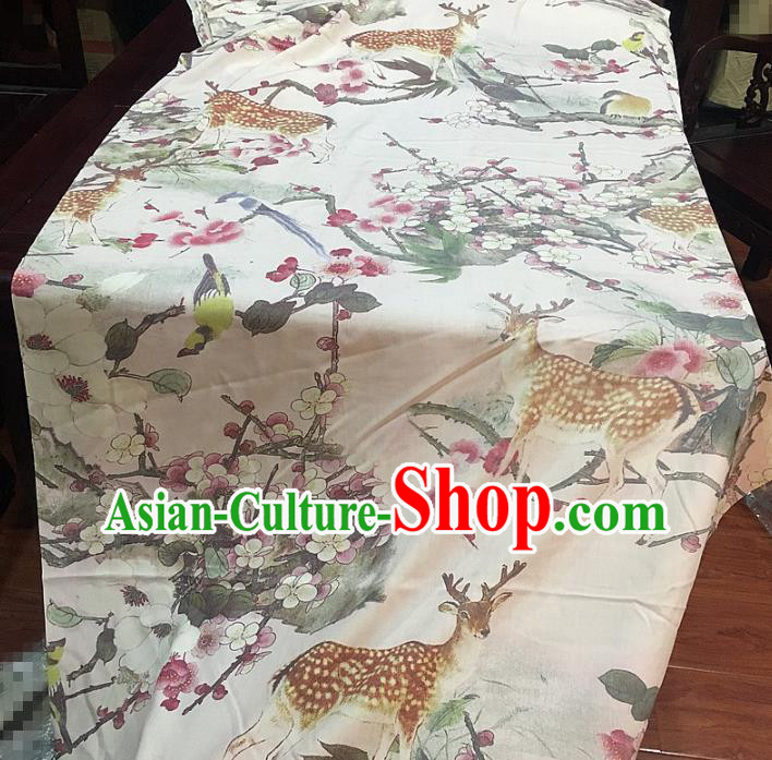 Chinese Traditional Plum Deer Design Pattern White Silk Fabric Cheongsam Mulberry Silk Drapery