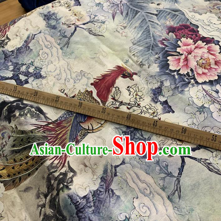 Chinese Traditional Mangnolia Phoenix Peony Design Pattern White Silk Fabric Cheongsam Mulberry Silk Drapery