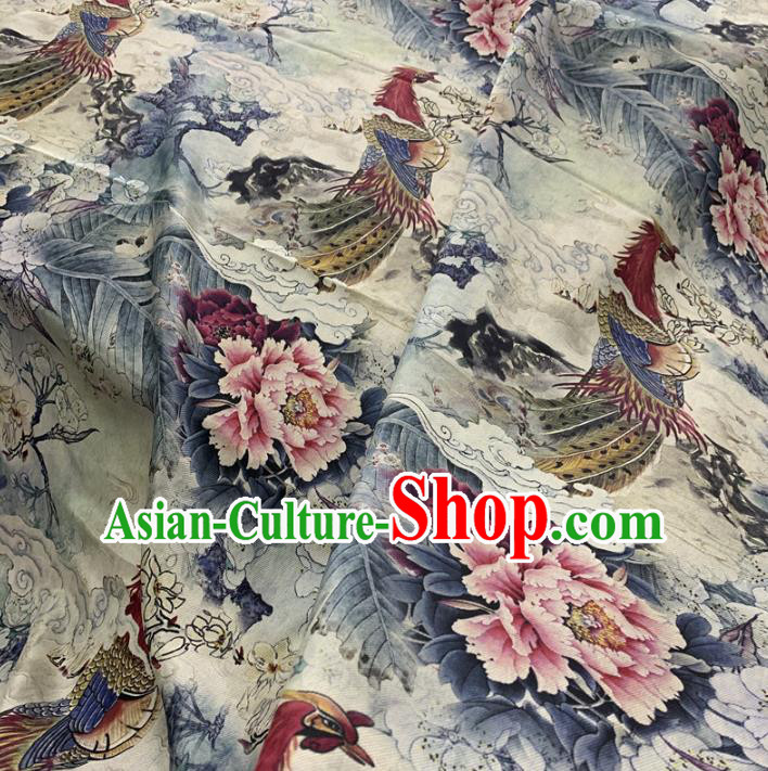 Chinese Traditional Mangnolia Phoenix Peony Design Pattern White Silk Fabric Cheongsam Mulberry Silk Drapery