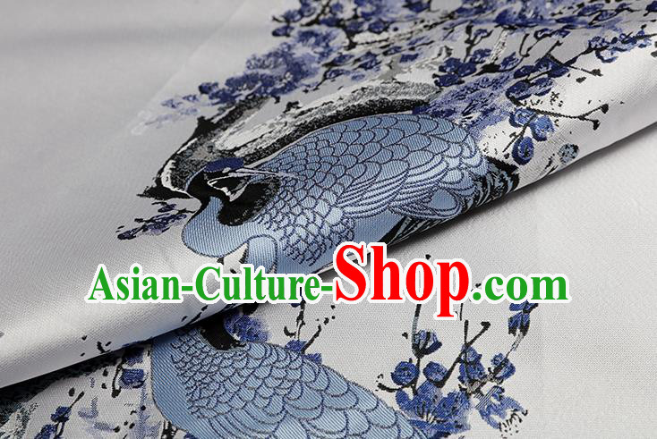 Chinese Traditional Plum Crane Pattern White Brocade Fabric Cheongsam Tapestry Drapery