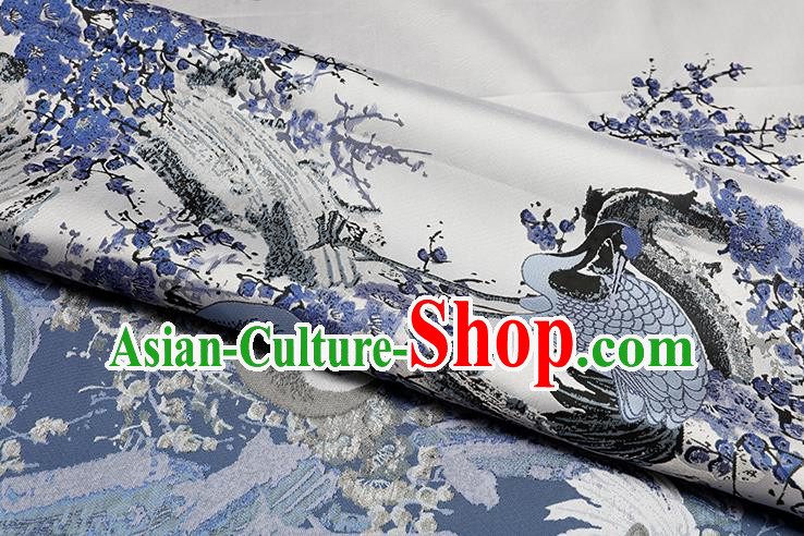 Chinese Traditional Plum Crane Pattern White Brocade Fabric Cheongsam Tapestry Drapery