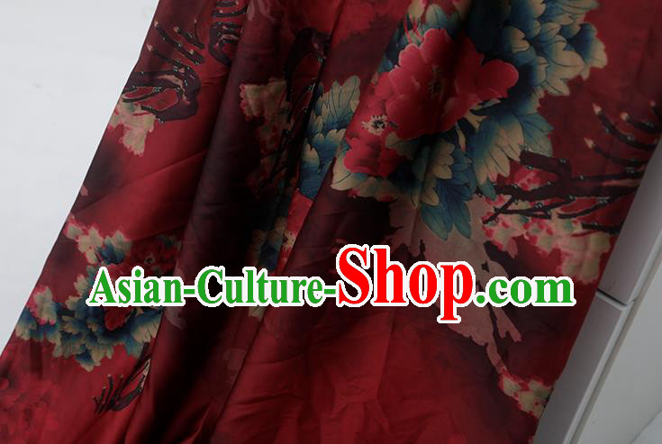 Chinese Traditional Peony Flowers Design Pattern Red Silk Fabric Cheongsam Mulberry Silk Drapery