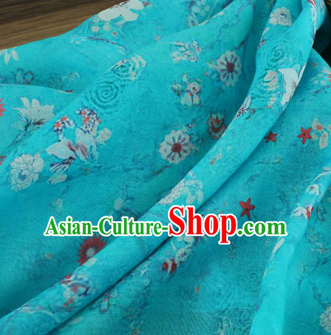 Chinese Traditional Flowers Design Pattern Blue Ramie Fabric Cheongsam Ramee Drapery
