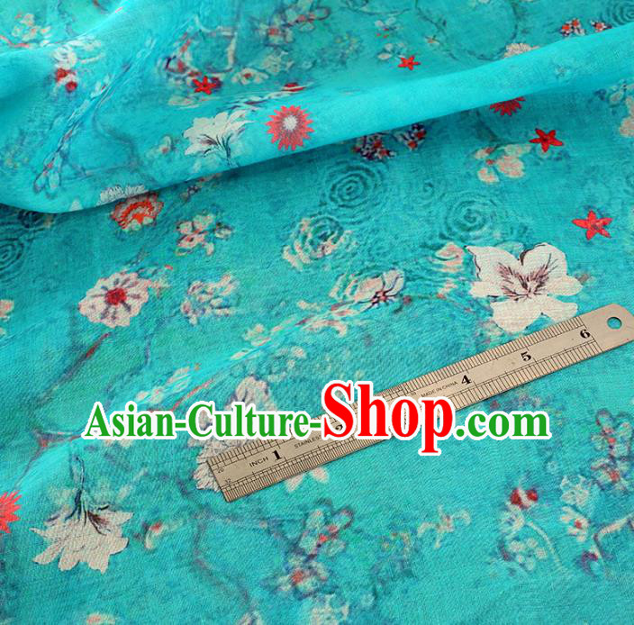 Chinese Traditional Flowers Design Pattern Blue Ramie Fabric Cheongsam Ramee Drapery