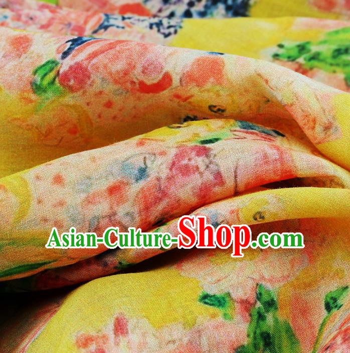 Chinese Traditional Flowers Design Pattern Yellow Ramie Fabric Cheongsam Ramee Drapery