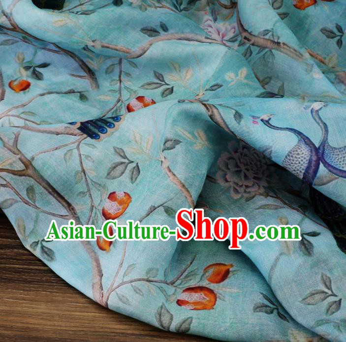Chinese Traditional Peacock Peony Design Pattern Blue Ramie Fabric Cheongsam Ramee Drapery
