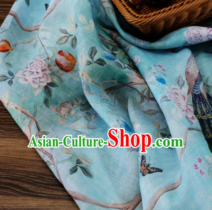 Chinese Traditional Peacock Peony Design Pattern Blue Ramie Fabric Cheongsam Ramee Drapery