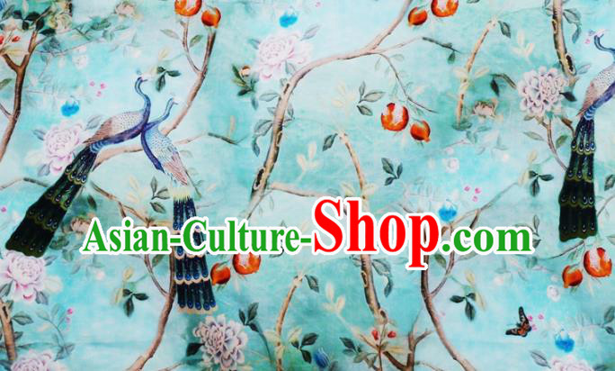 Chinese Traditional Peacock Peony Design Pattern Blue Ramie Fabric Cheongsam Ramee Drapery