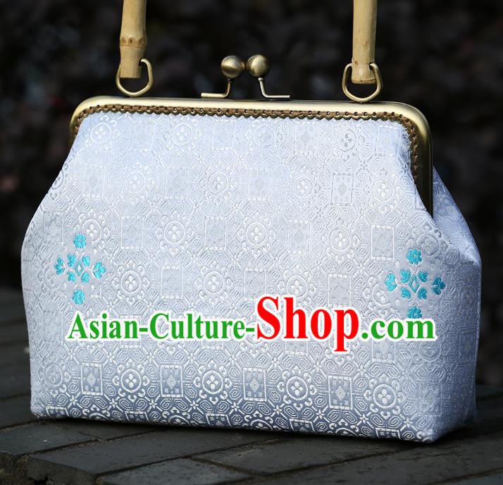 Chinese Traditional Pattern White Brocade Bamboo Handle Bag Handmade Cheongsam Handbag for Women