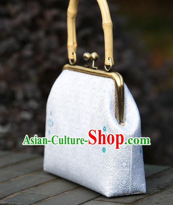 Chinese Traditional Pattern White Brocade Bamboo Handle Bag Handmade Cheongsam Handbag for Women