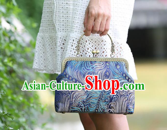 Chinese Traditional Feather Pattern Blue Brocade Bag Handmade Cheongsam Handbag for Women